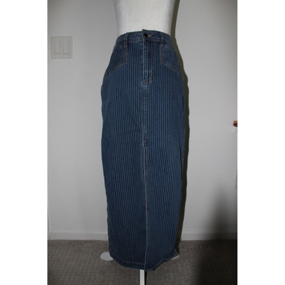 Avec Les Filles Pinstripe Denim Maxi Skirt Blue High‎ Waisted Front Slit Size 2